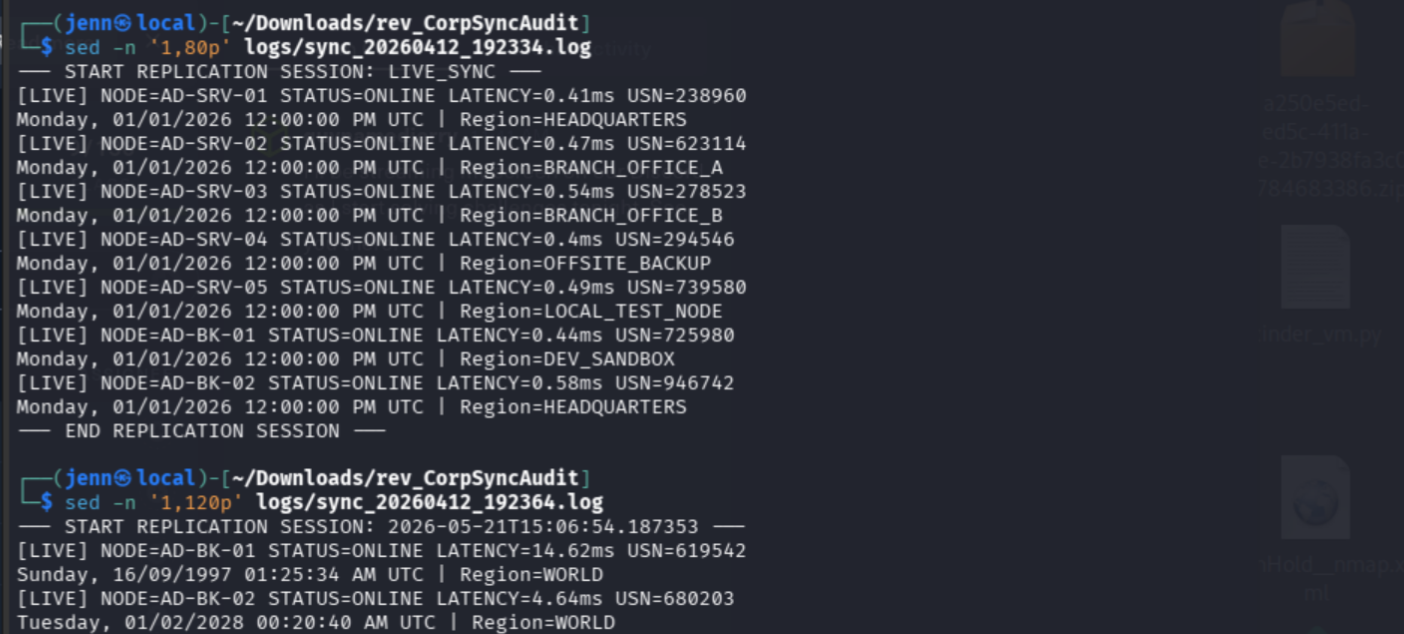 Baseline log showing seven internal nodes with consistent timestamps